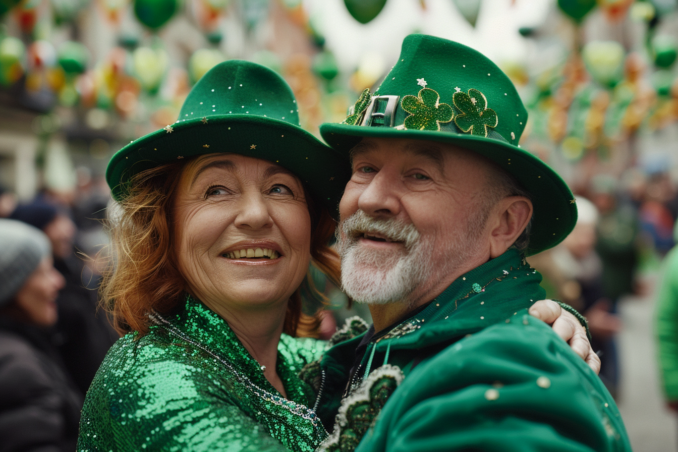 Image gratuite Couple, tenues vertes, dansant, place décorée, Saint-Patrick 3