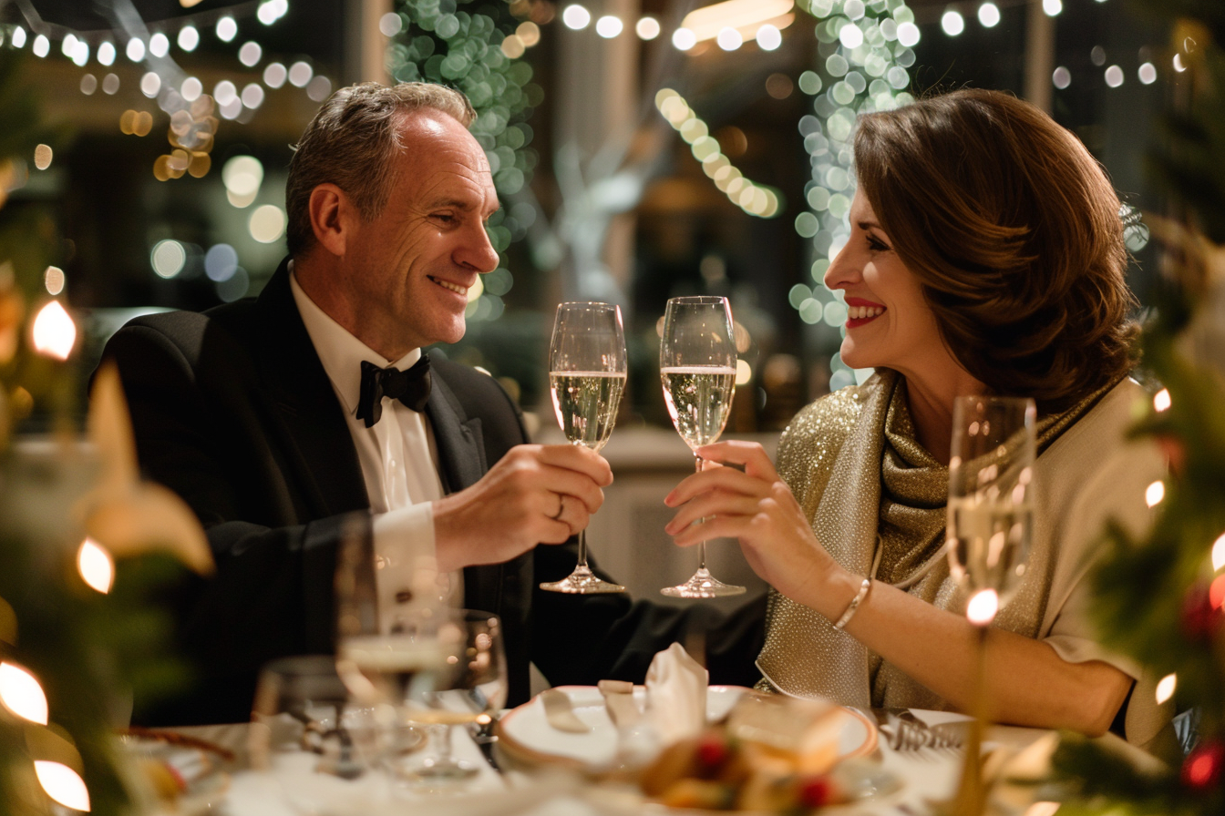 Image gratuite Couple, toast champagne, table dîner décorée, restaurant chic 1