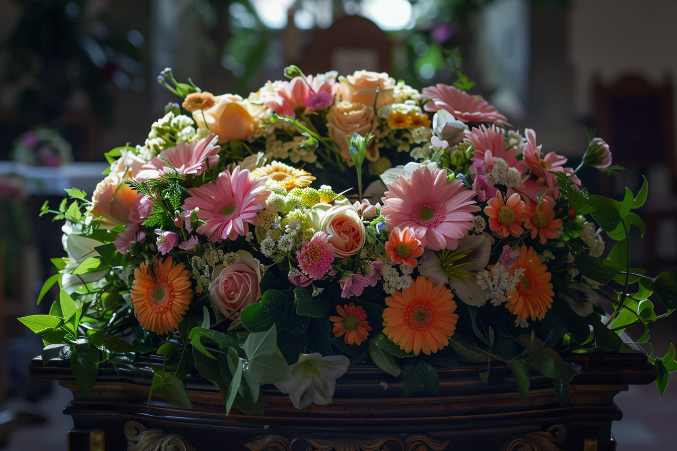 Image gratuite Couronne de fleurs fraîches sur un cercueil 2