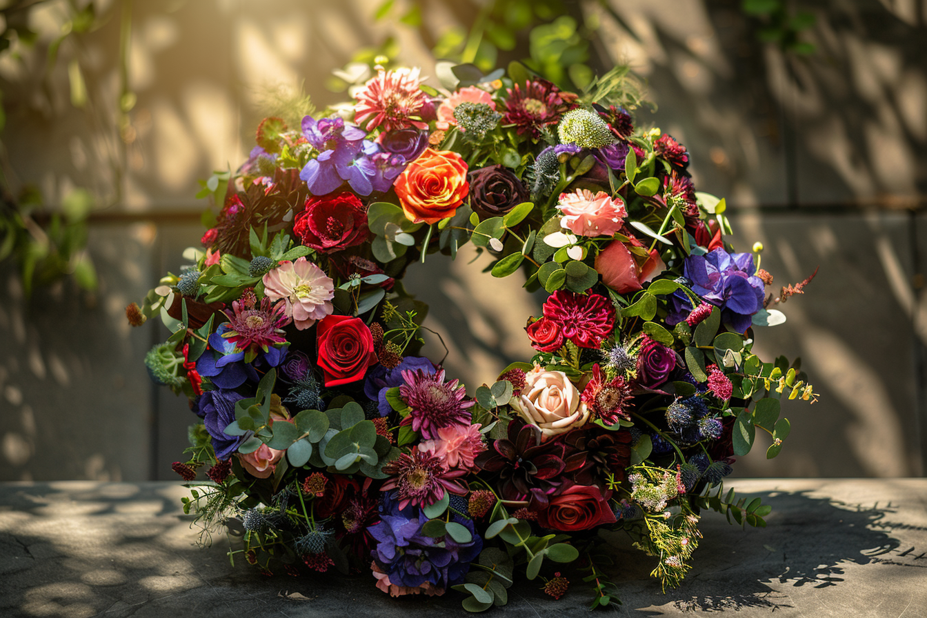 Image gratuite Couronne de fleurs fraîches sur un cercueil sombre 1