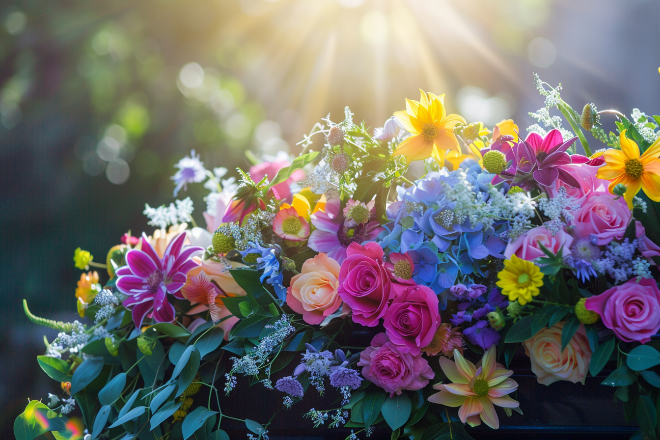Image gratuite Couronne de fleurs fraîches sur un cercueil sombre 2