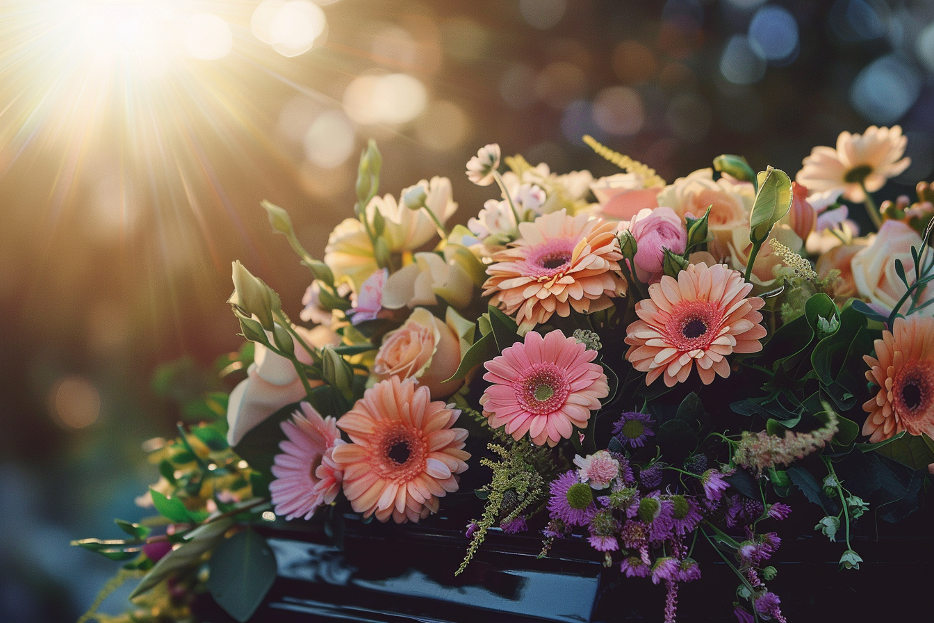 Image gratuite Couronne de fleurs fraîches sur un cercueil sombre 3