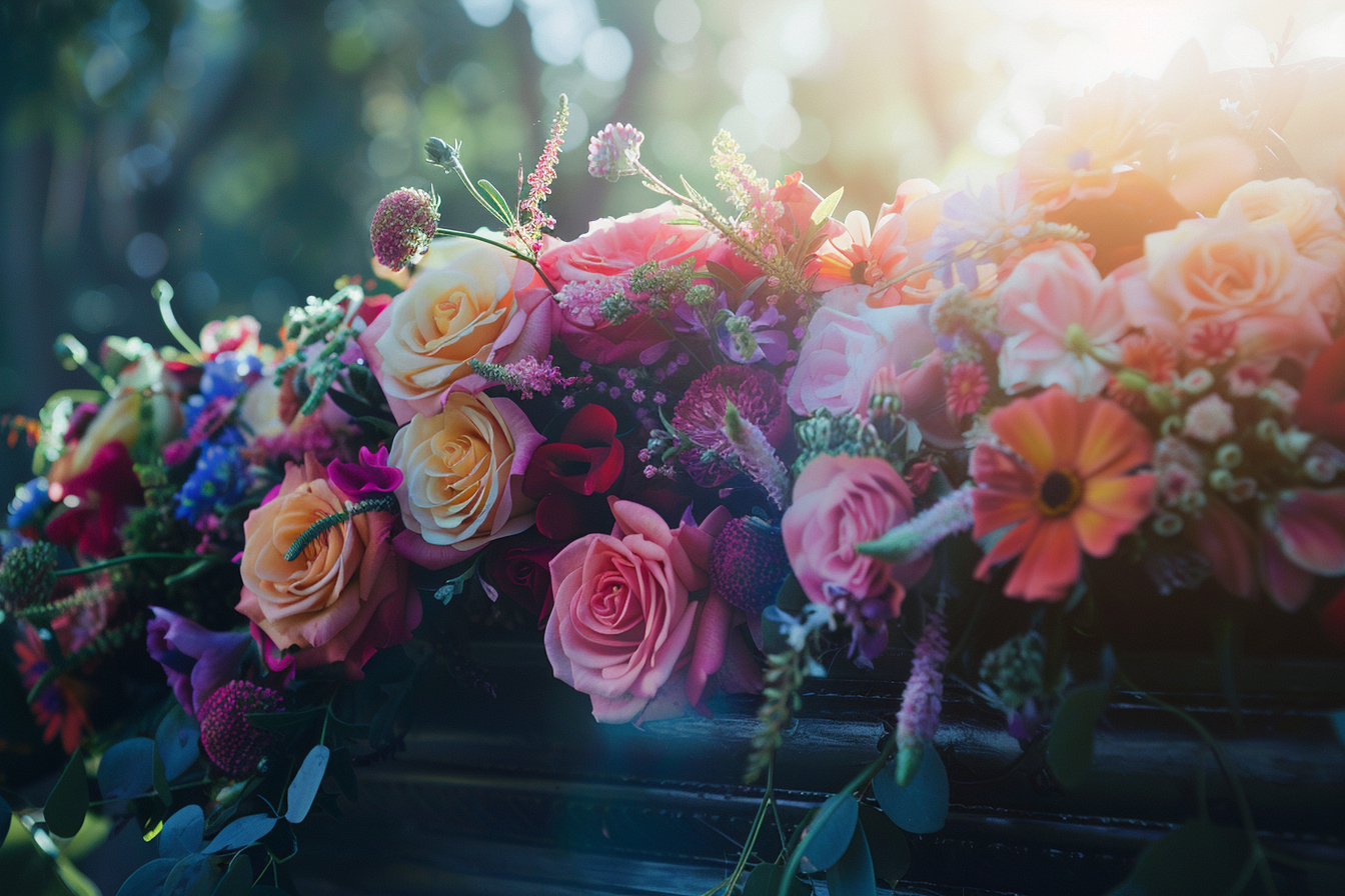 Image gratuite Couronne de fleurs fraîches sur un cercueil sombre 4