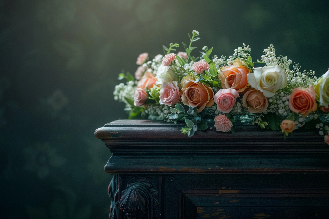 Image gratuite Couronne de fleurs méticuleusement réalisée sur un cercueil sombre 1