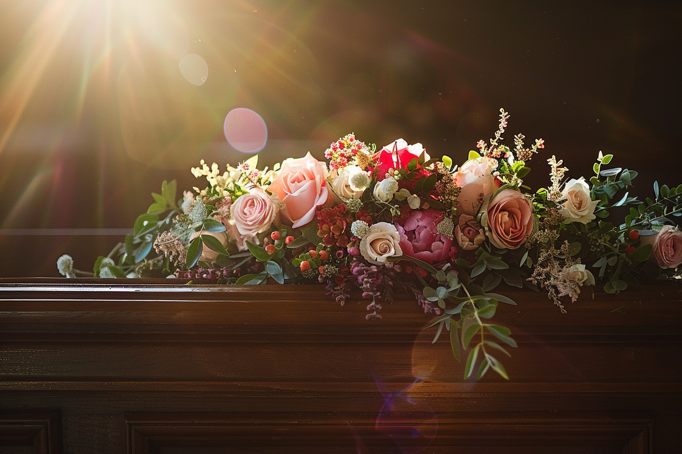 Image gratuite Couronne de fleurs méticuleusement réalisée sur un cercueil sombre 2