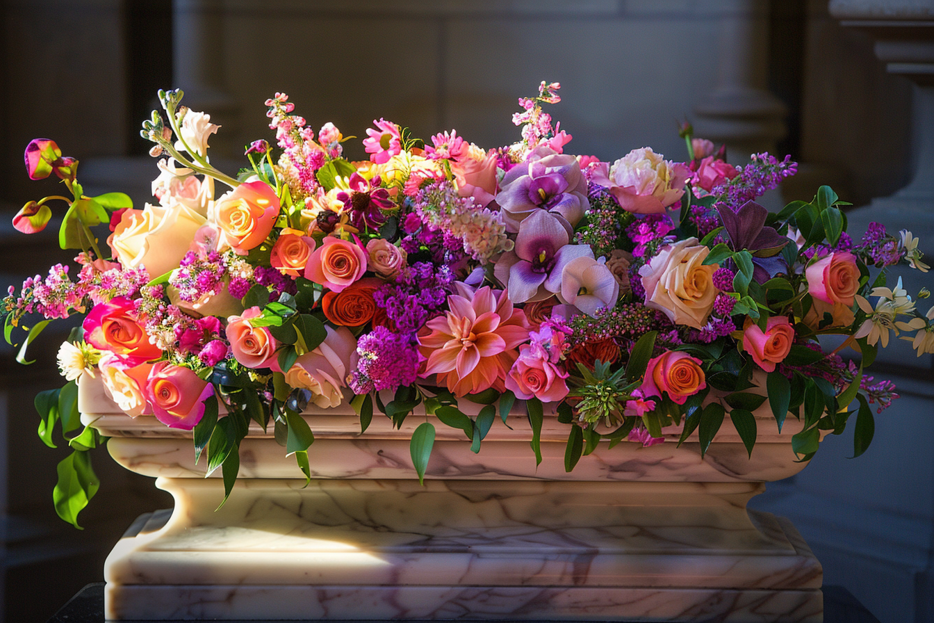 Image gratuite Couronne de fleurs sur un cercueil en marbre 1