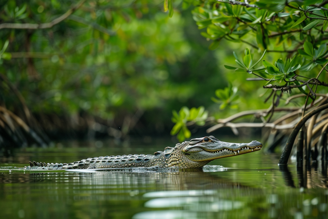Image gratuite Crocodile glissant dans la forêt de mangroves 1