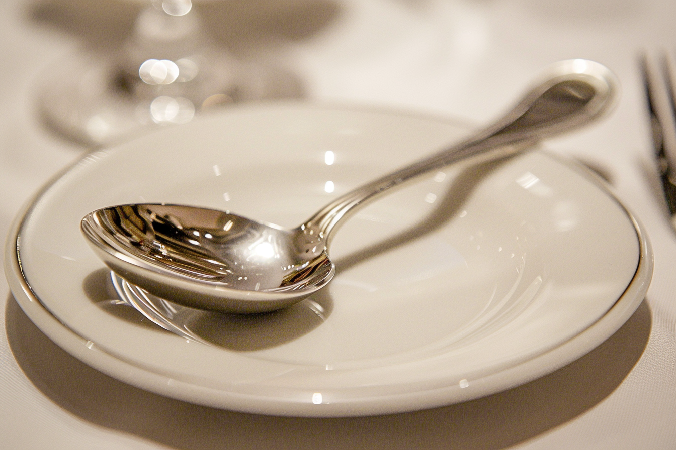 Image gratuite Cuillère à café argentée sur soucoupe blanche 1