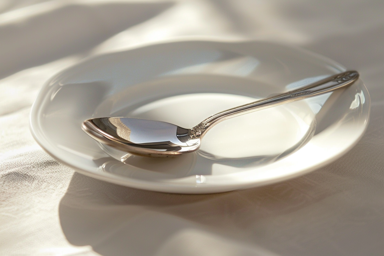 Image gratuite Cuillère à café argentée sur soucoupe blanche 2