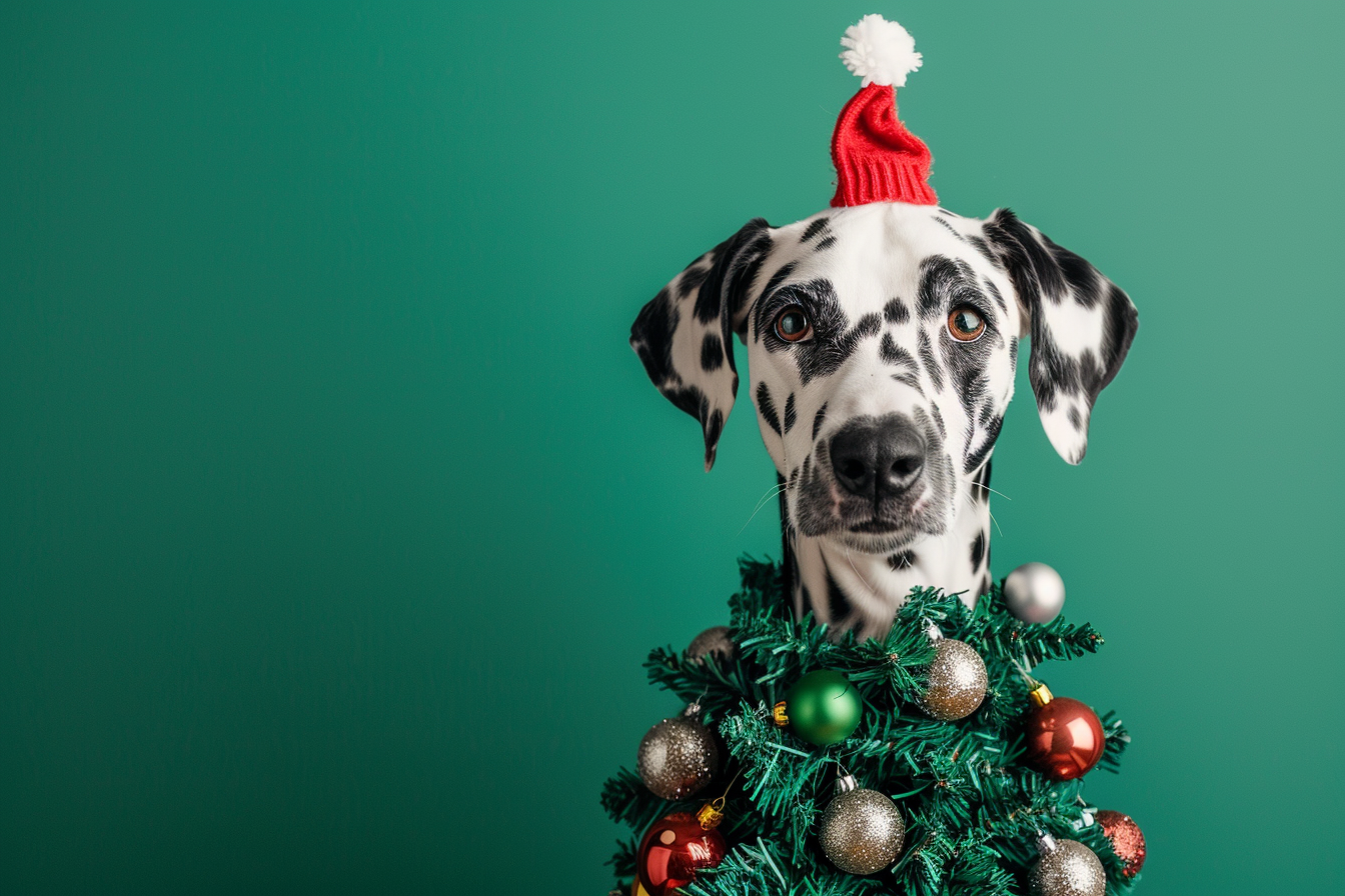 Image gratuite Dalmatien déguisé en sapin de Noël sur fond vert 1