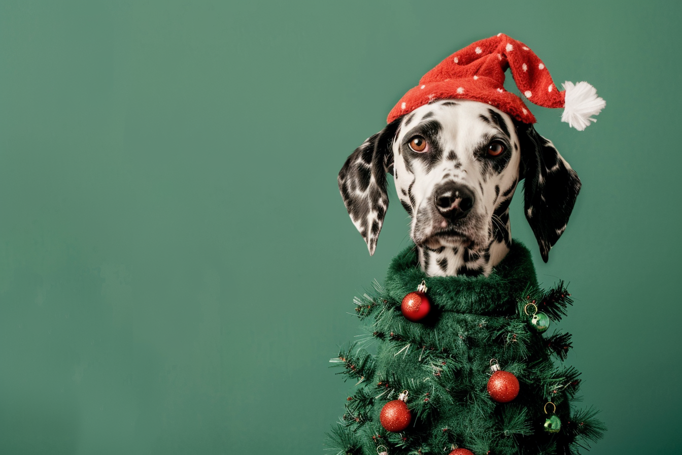 Image gratuite Dalmatien déguisé en sapin de Noël sur fond vert 2