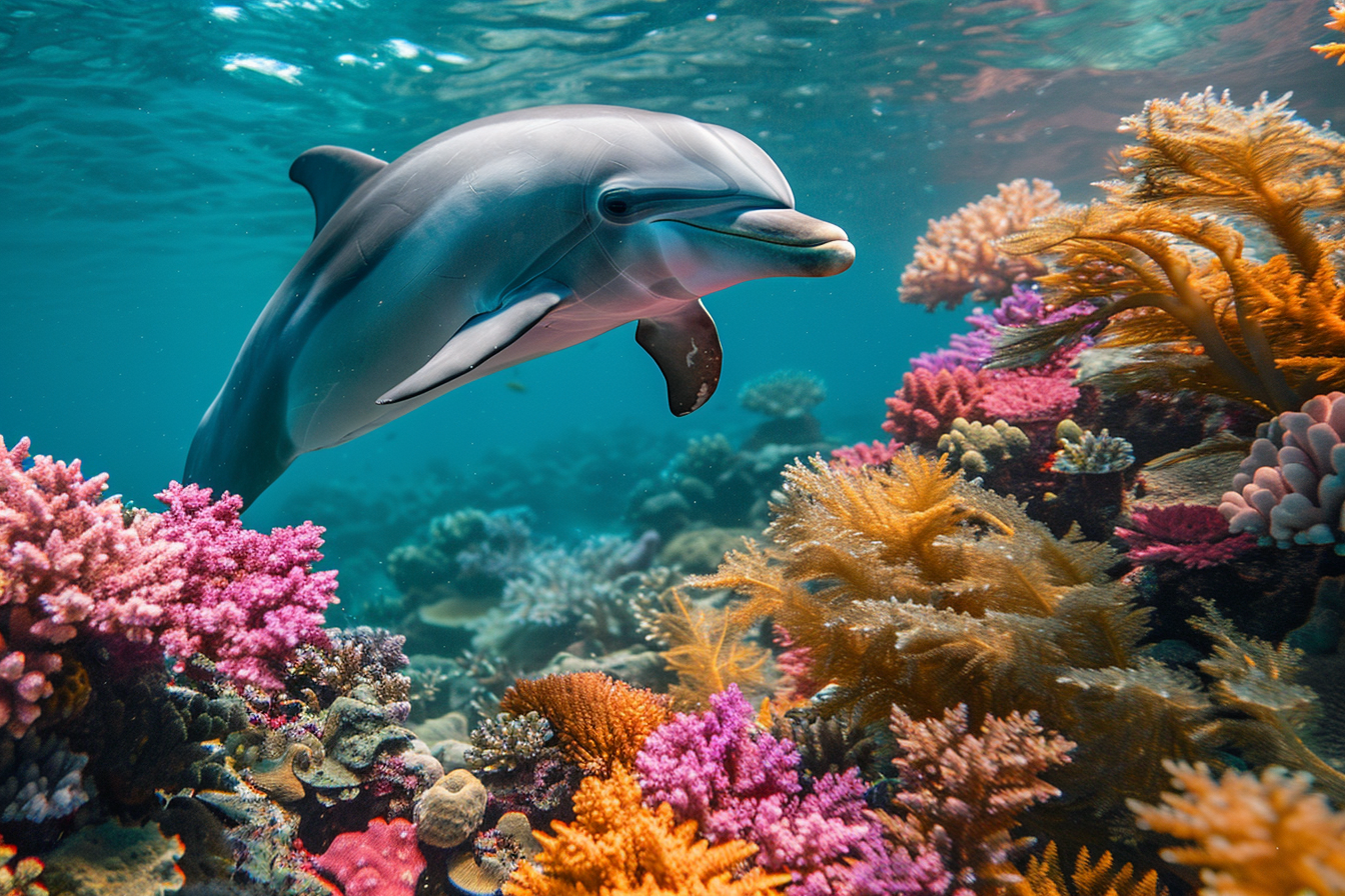 Image gratuite Dauphin joueur parmi les récifs coralliens 1