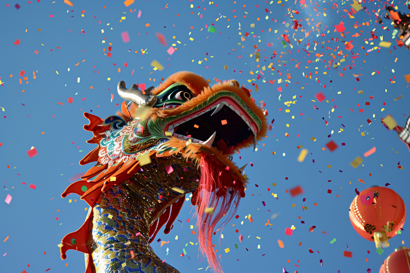 Image gratuite Dragon crachant nuages confettis Nouvel An chinois 3