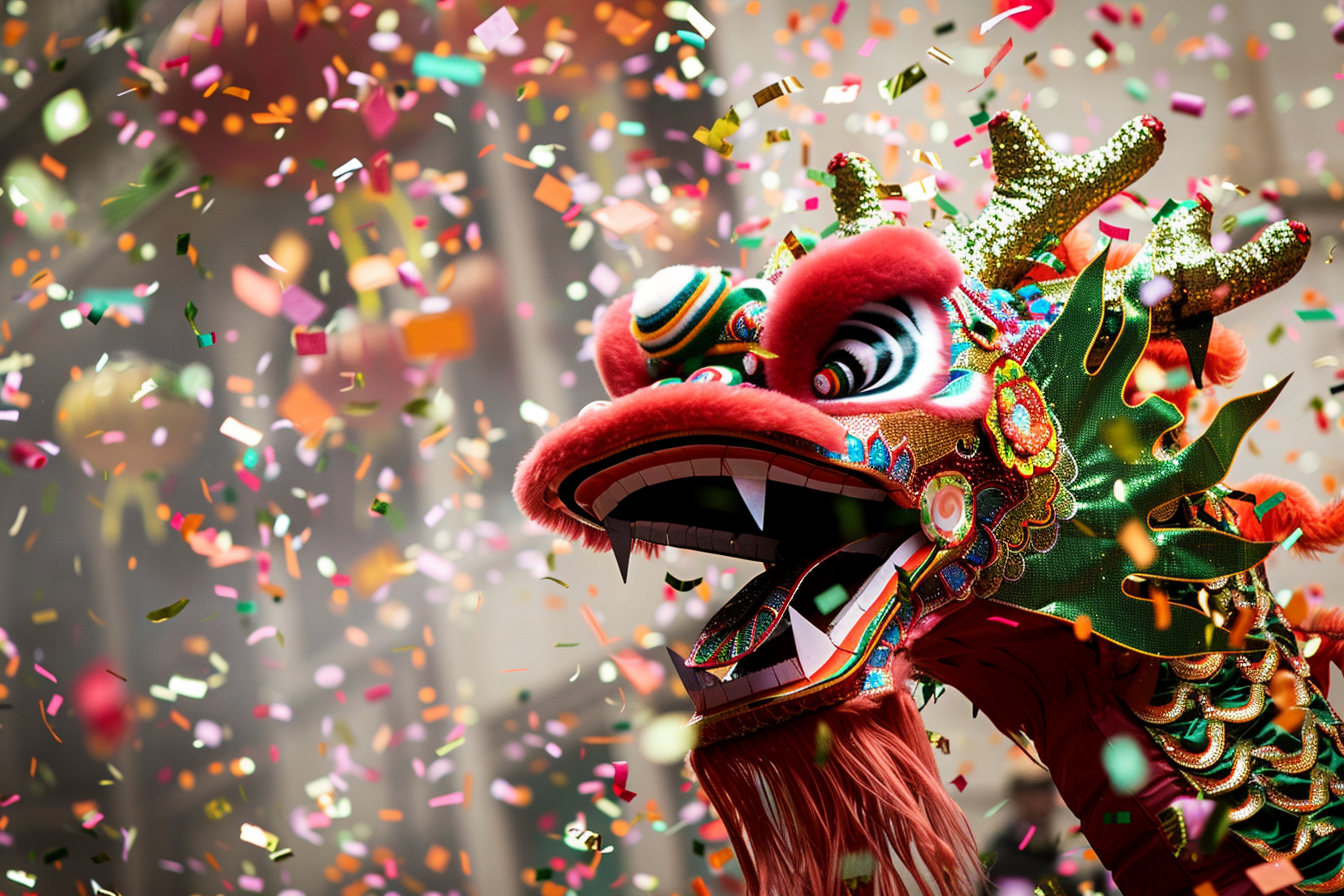 Image gratuite Dragon joyeux Nouvel An chinois mer confettis 1