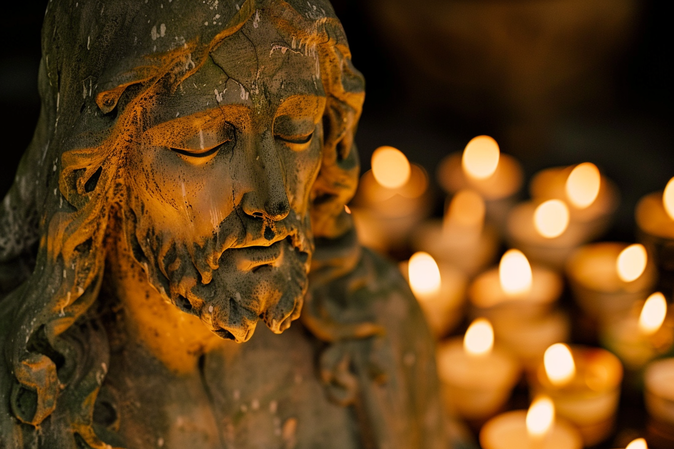 Image gratuite Effigie pierre vieillie Jésus, lumière vacillante bougies 1