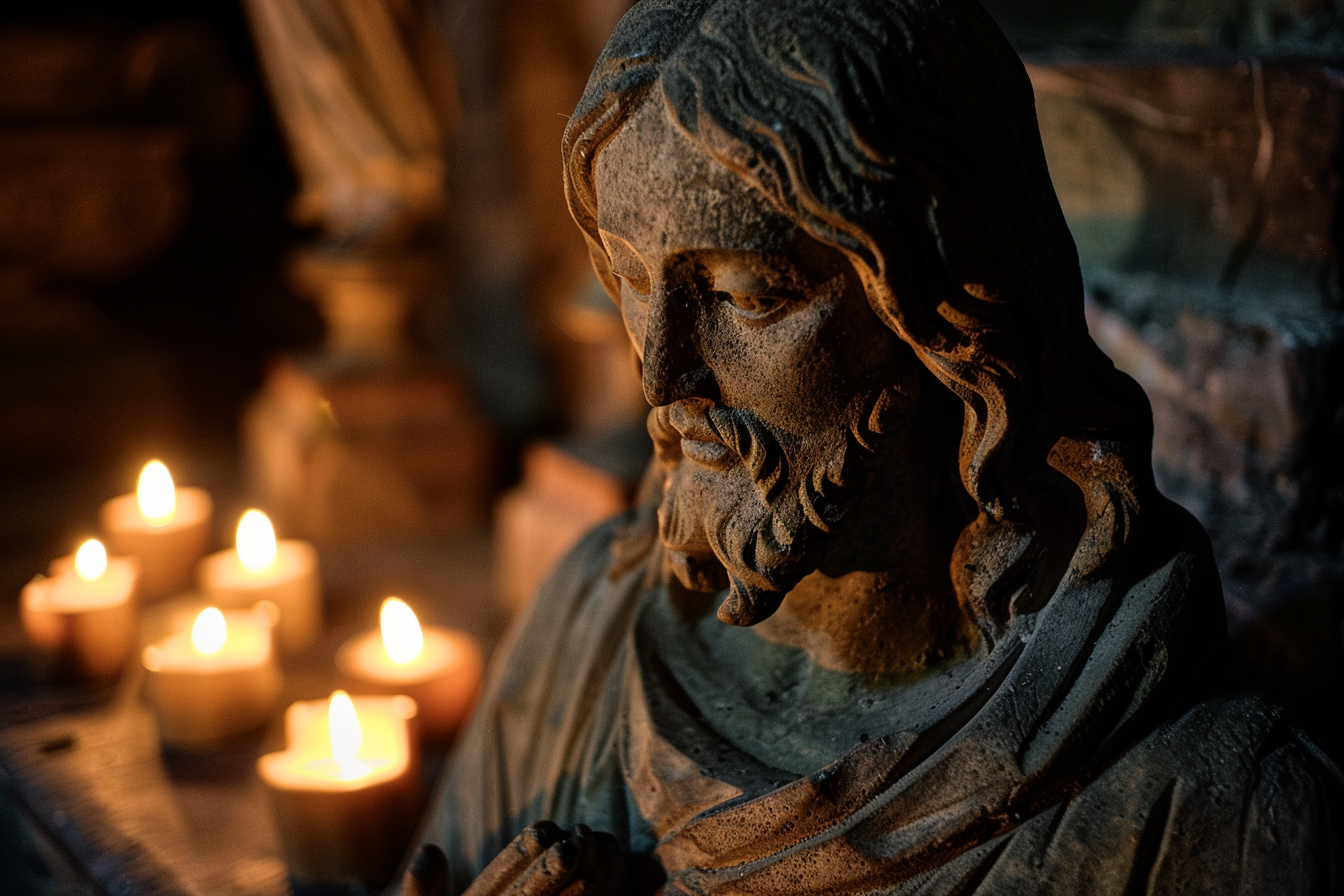 Image gratuite Effigie pierre vieillie Jésus, lumière vacillante bougies 2