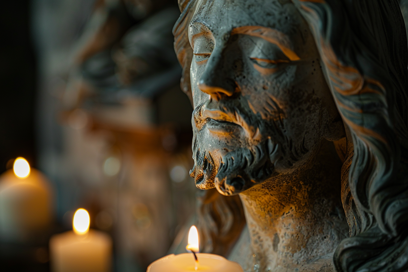 Image gratuite Effigie pierre vieillie Jésus, lumière vacillante bougies 3