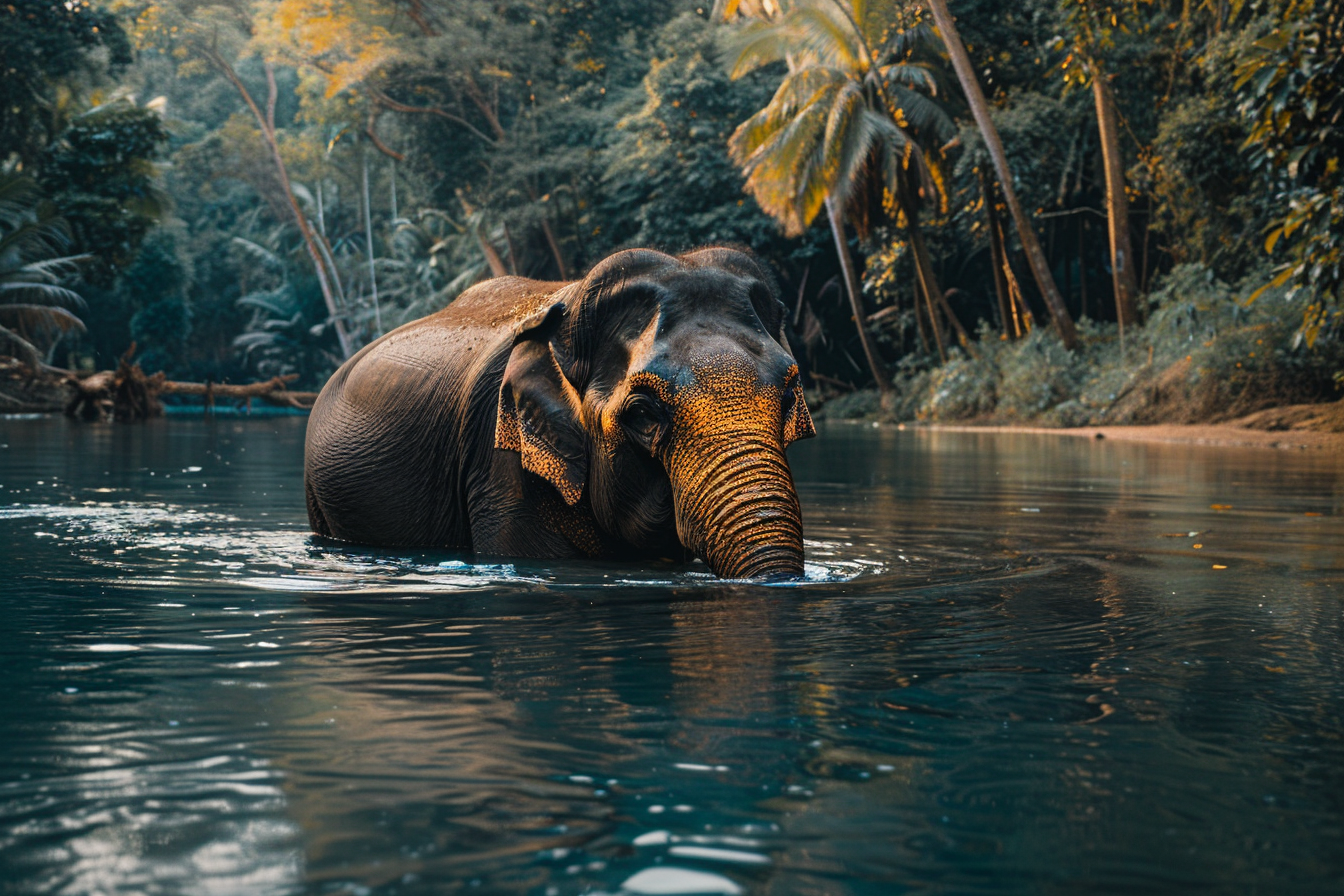 Image gratuite Éléphant se baignant dans rivière jungle 1
