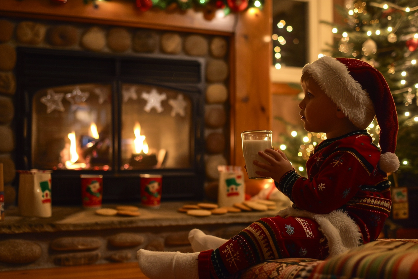 Image gratuite Enfant attendant Père Noël près cheminée 1
