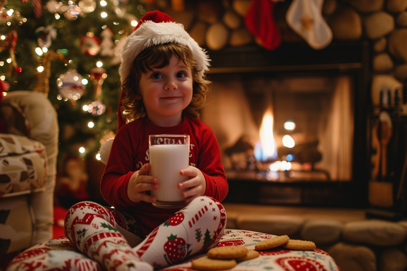 Image gratuite Enfant attendant Père Noël près cheminée 2
