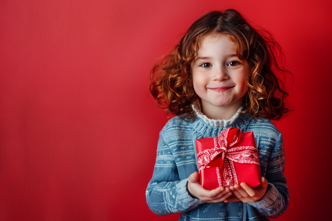 Image gratuite Enfant avec cadeau, fond rouge 1