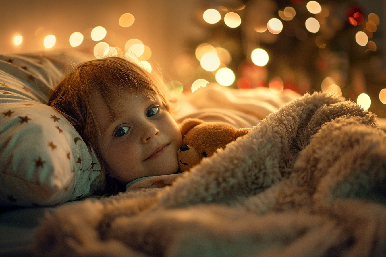 Image gratuite Enfant blotti au lit attendant Père Noël 1