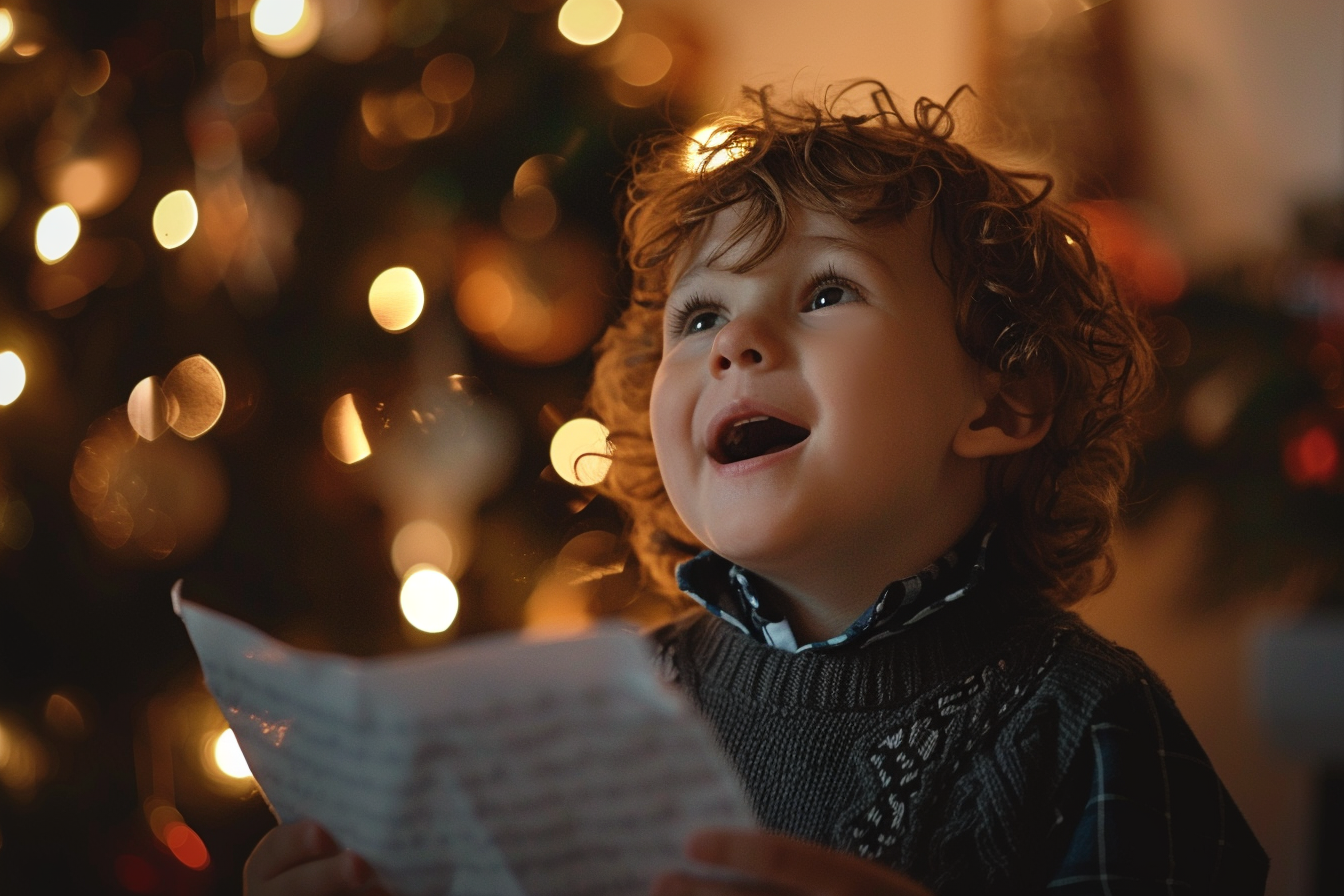 Image gratuite Enfant chantant chants de Noël autour sapin 1