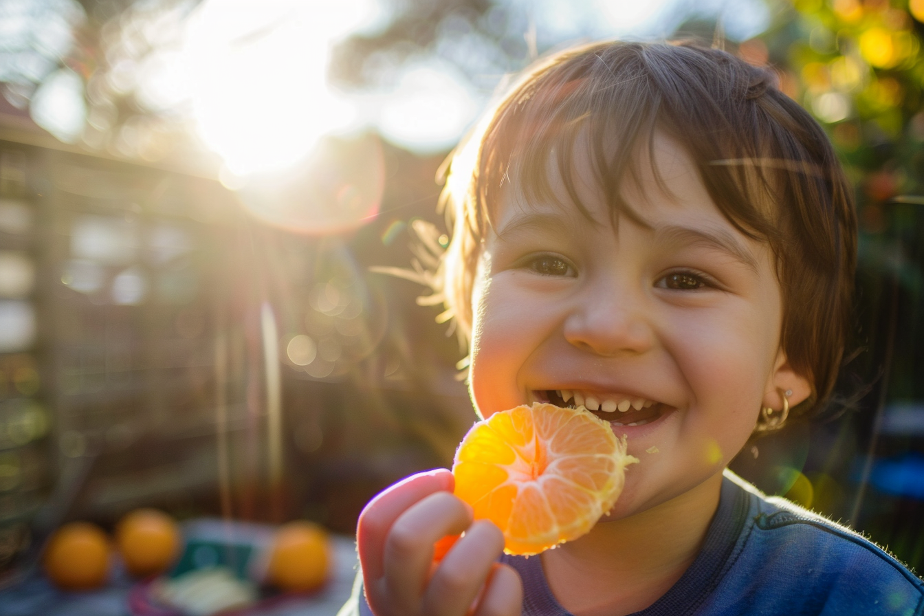 Image gratuite Enfant mangeant clémentine dans jardin 1