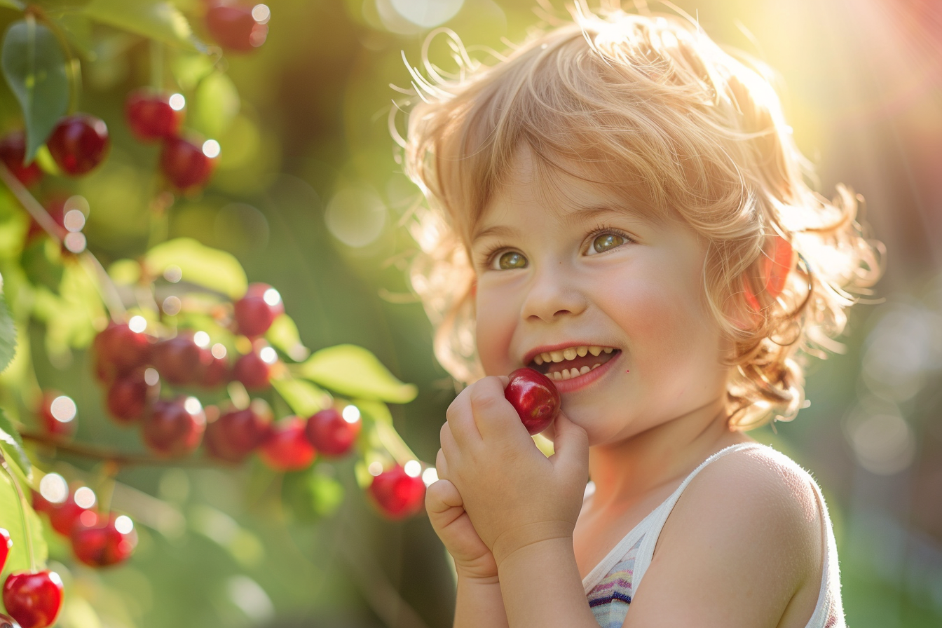 Image gratuite Enfant mangeant des cerises dans le jardin 2