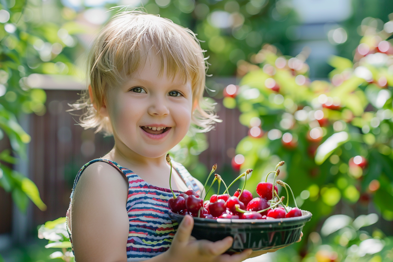 Image gratuite Enfant mangeant des cerises dans le jardin 3