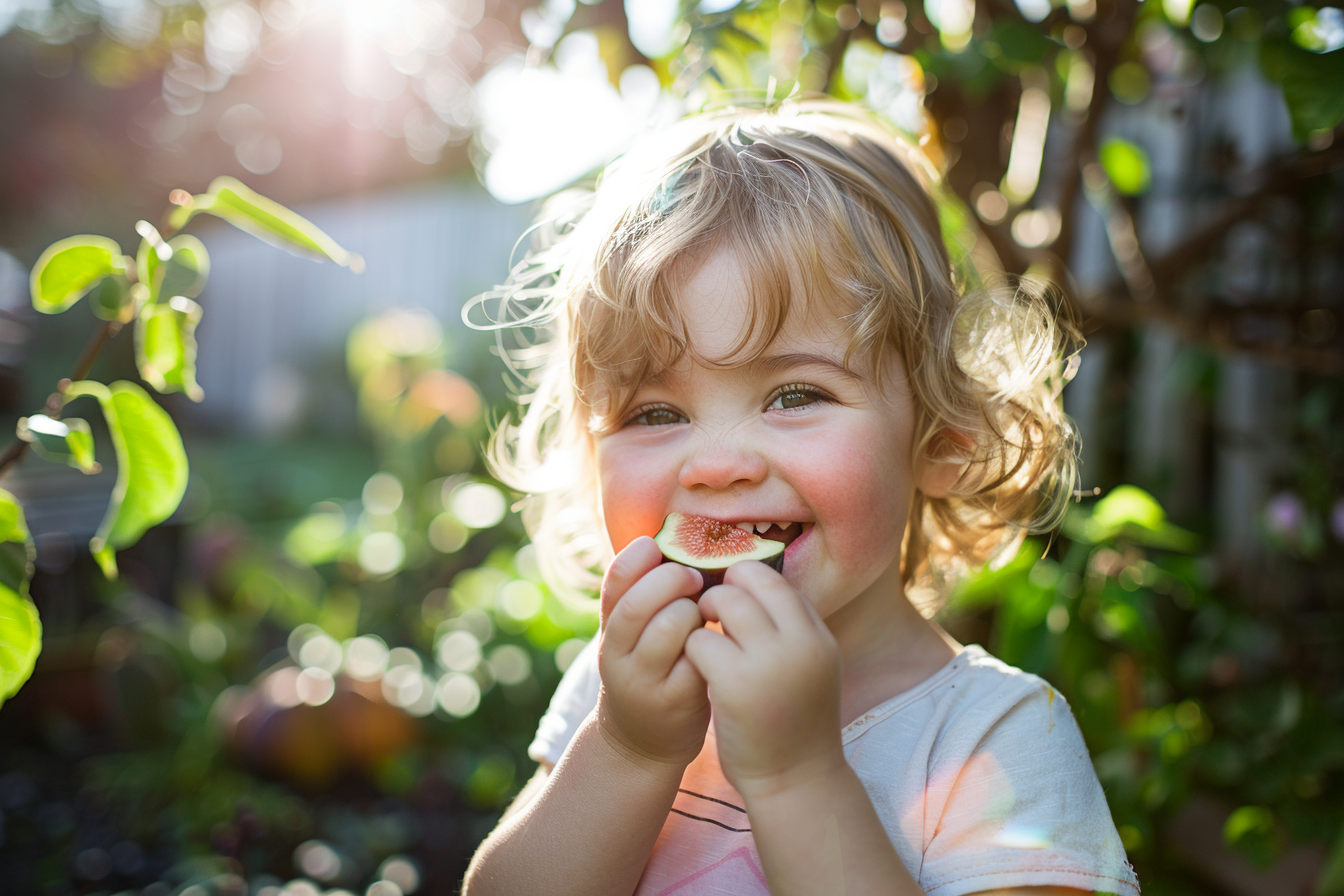 Image gratuite Enfant mangeant figue dans jardin 2
