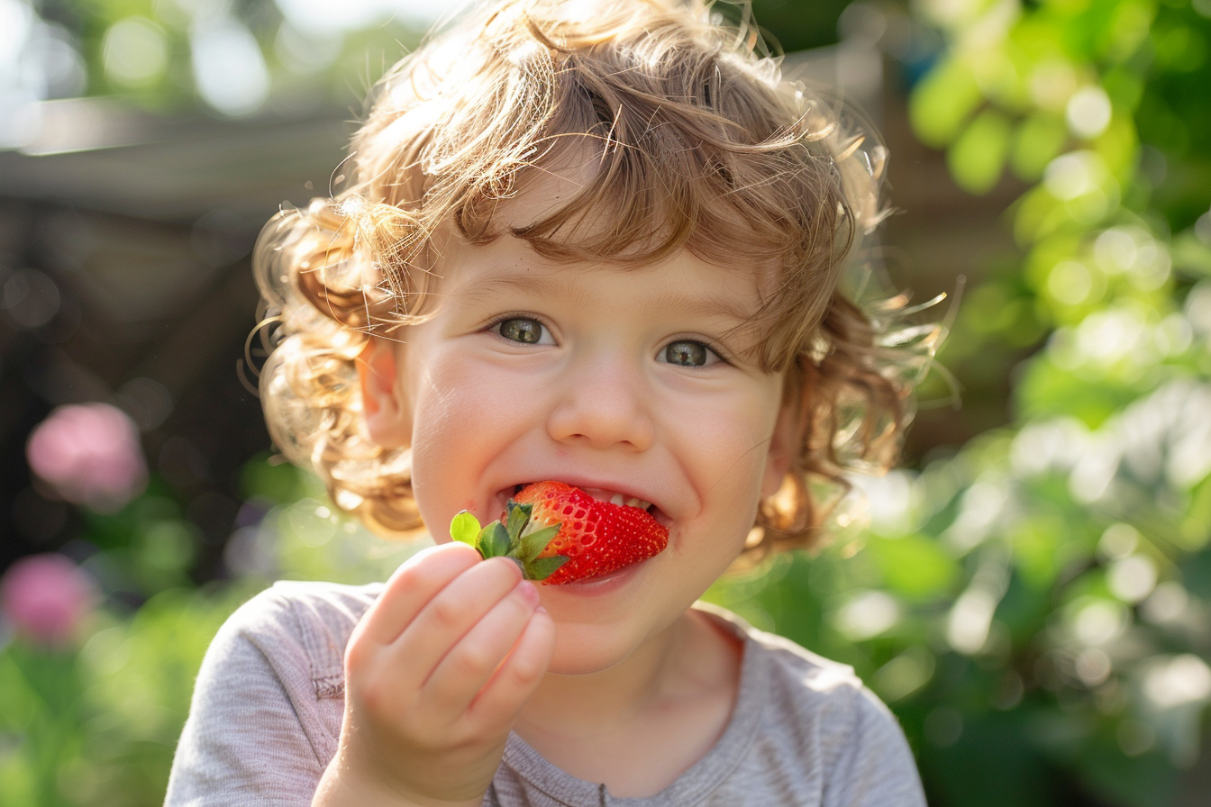 Image gratuite Enfant mangeant fraise dans jardin 1