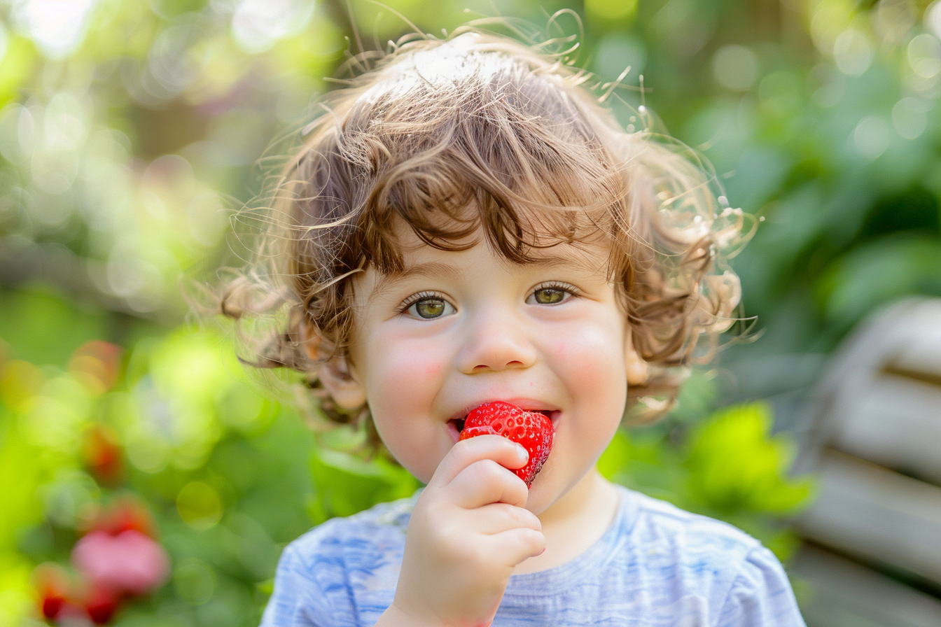 Image gratuite Enfant mangeant fraise dans jardin 2
