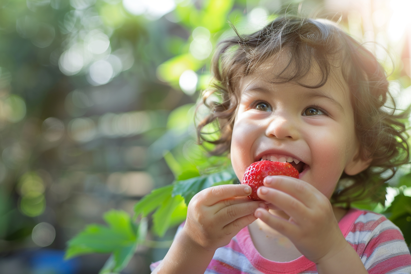 Image gratuite Enfant mangeant fraise dans jardin 3