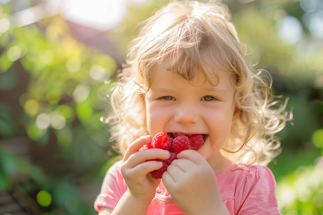 Image gratuite Enfant mangeant framboise dans jardin 1