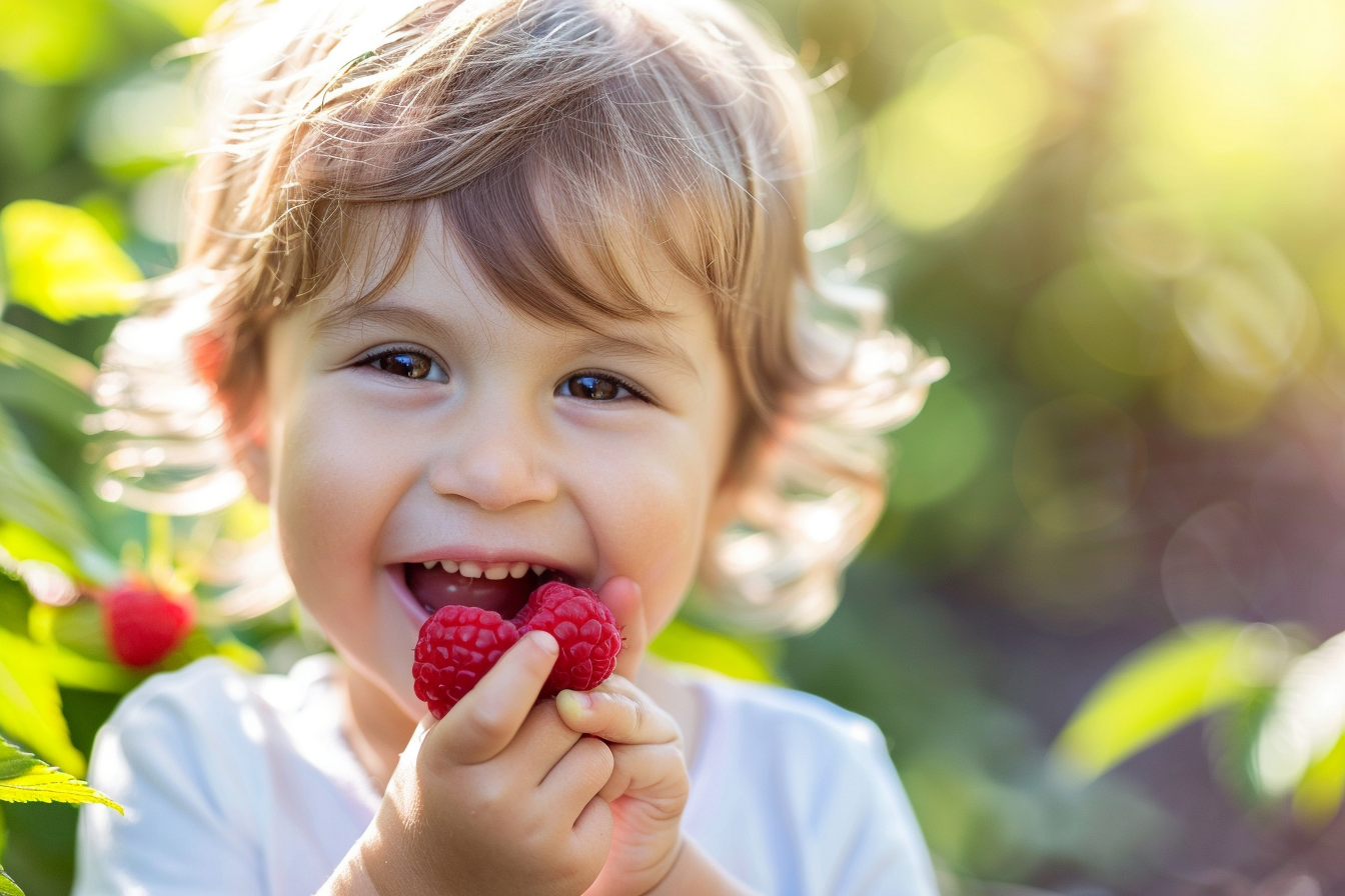 Image gratuite Enfant mangeant framboise dans jardin 2
