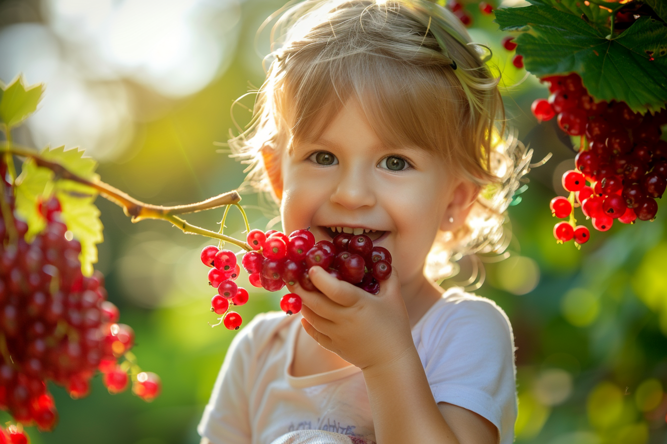 Image gratuite Enfant mangeant groseilles dans jardin 1