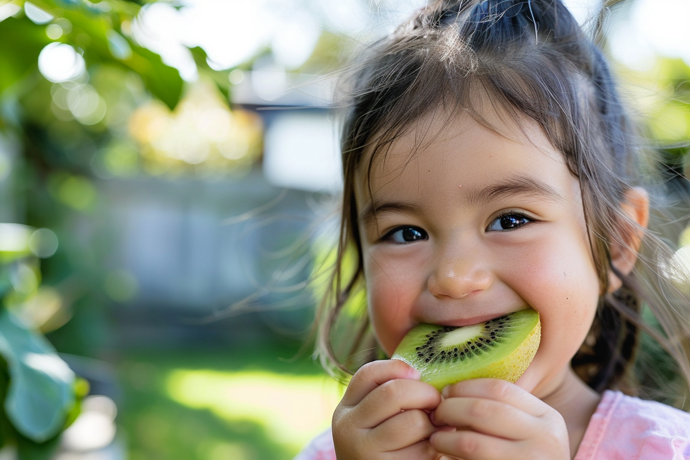 Image gratuite Enfant mangeant kiwi dans jardin 1