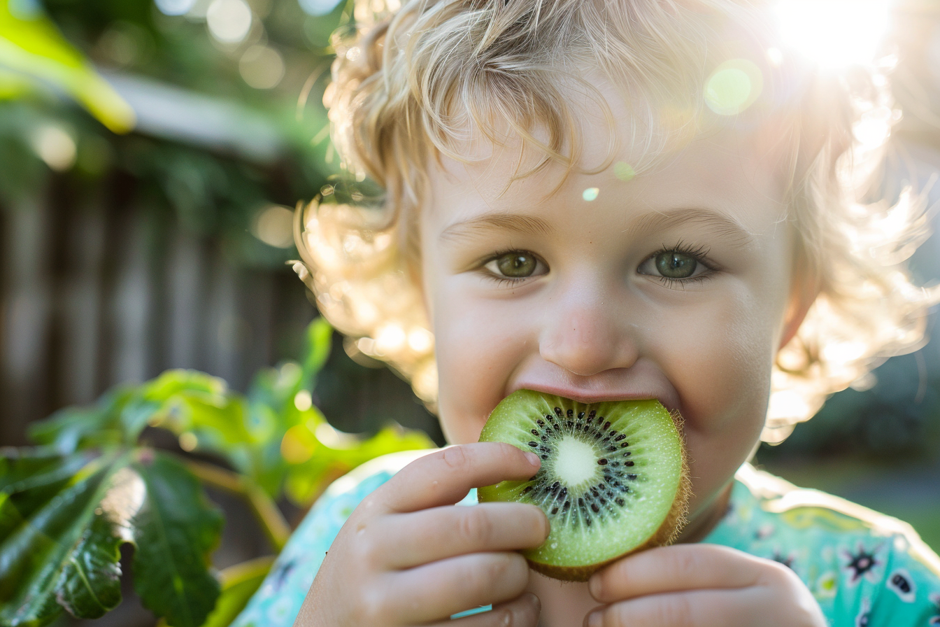 Image gratuite Enfant mangeant kiwi dans jardin 2