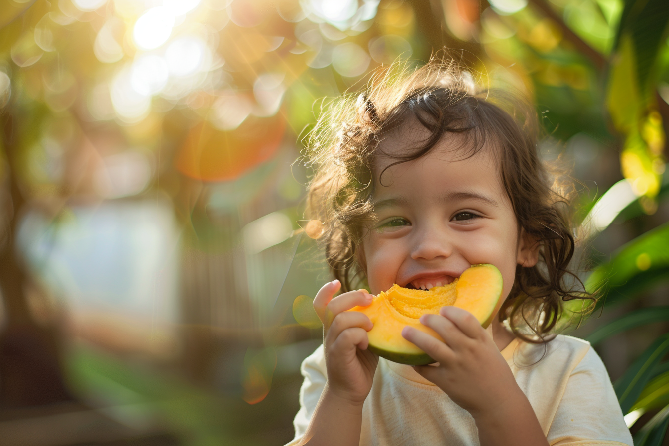 Image gratuite Enfant mangeant mangue dans jardin 1