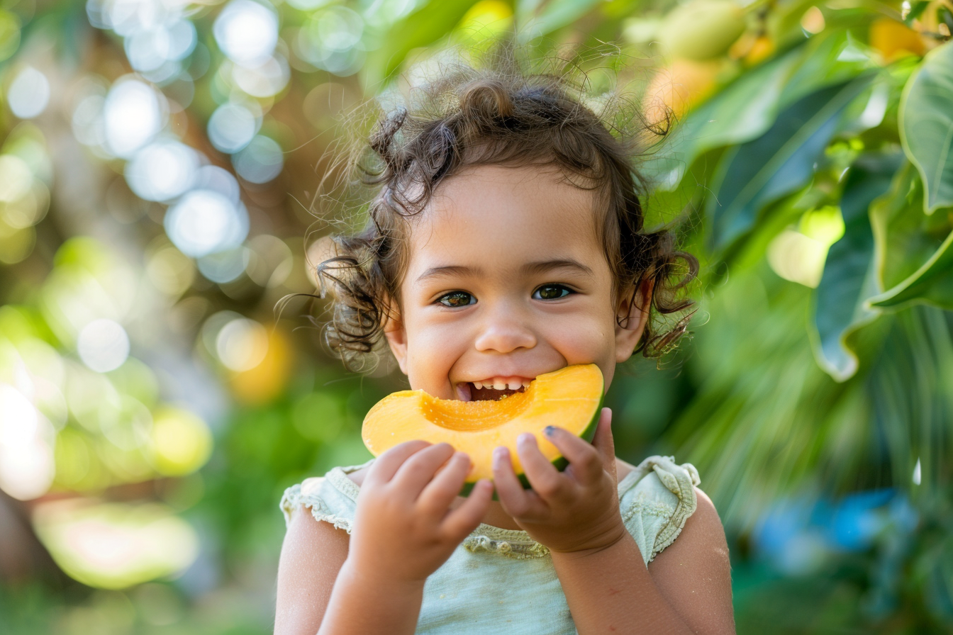 Image gratuite Enfant mangeant mangue dans jardin 2