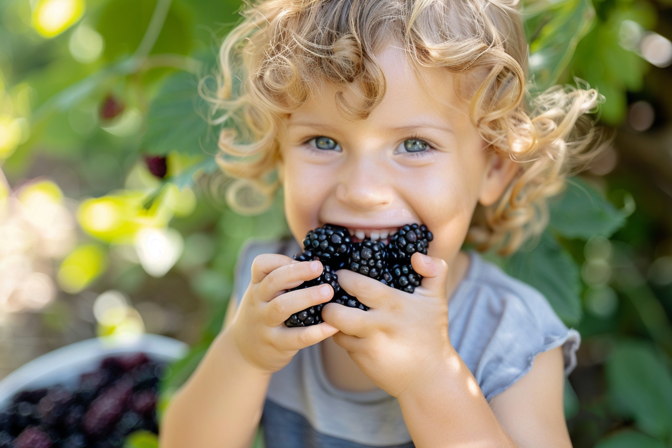 Image gratuite Enfant mangeant mûres dans jardin 1