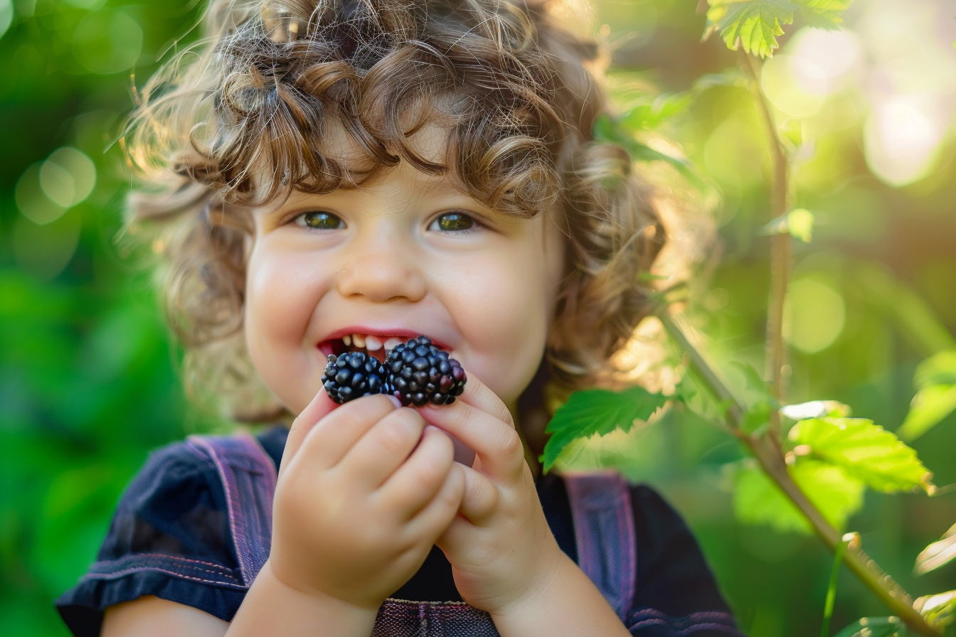 Image gratuite Enfant mangeant mûres dans jardin 2