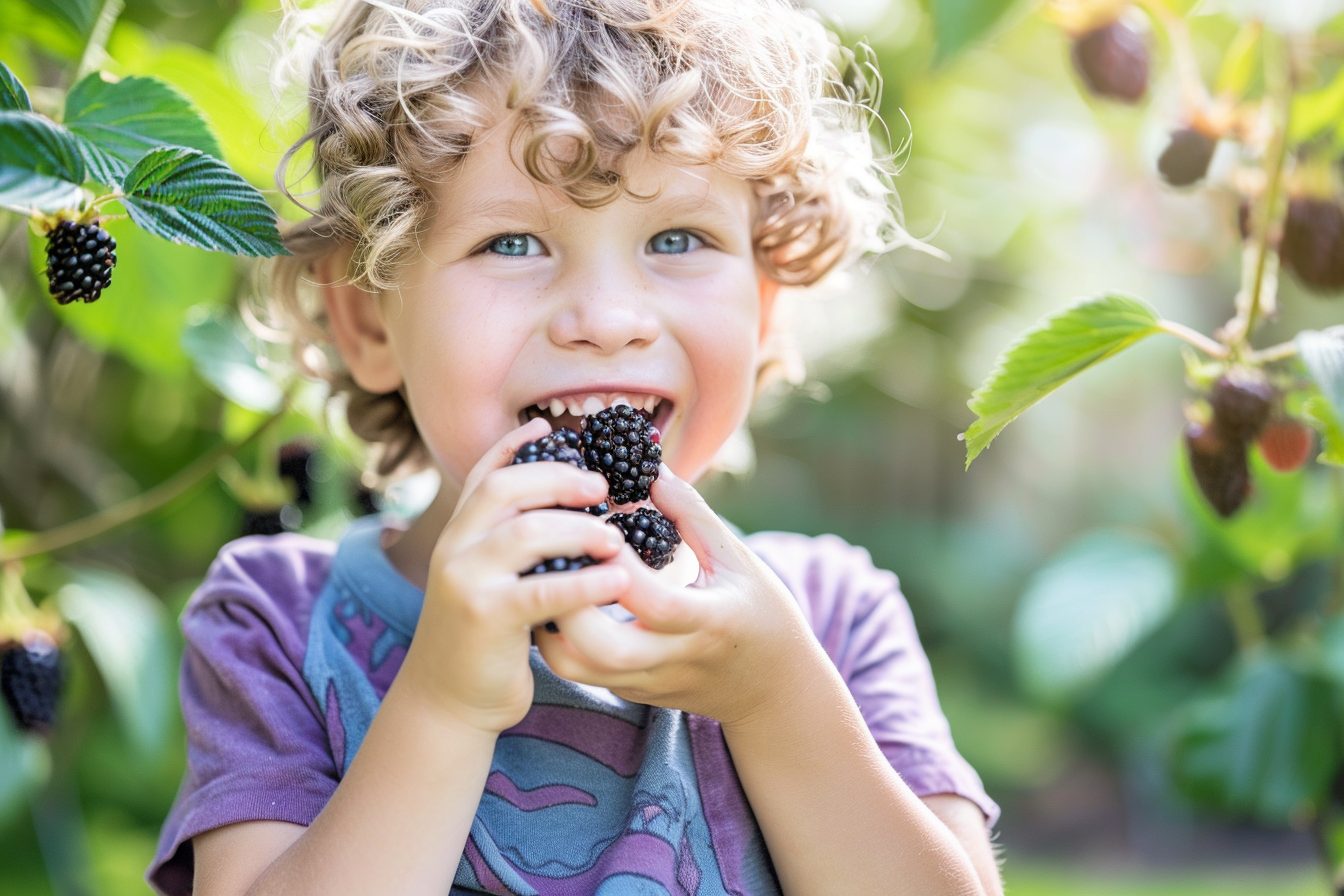 Image gratuite Enfant mangeant mûres dans jardin 3