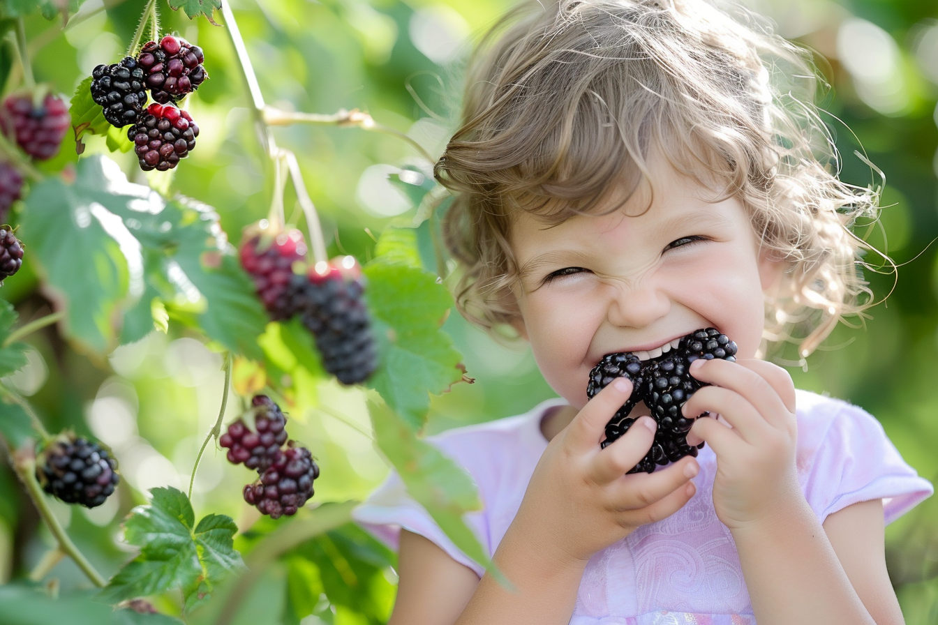 Image gratuite Enfant mangeant mûres dans jardin 4