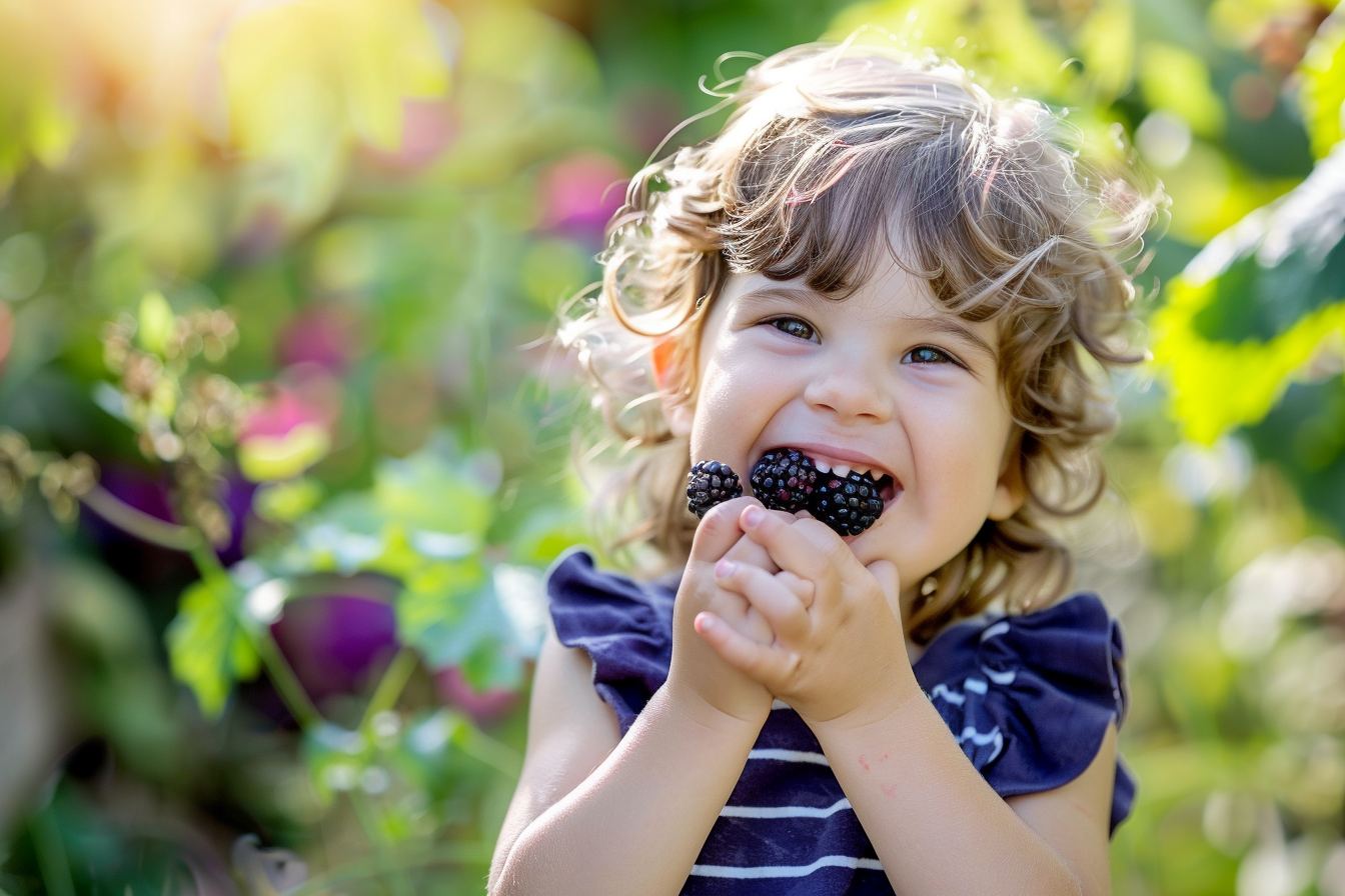 Image gratuite Enfant mangeant mûres dans jardin 5