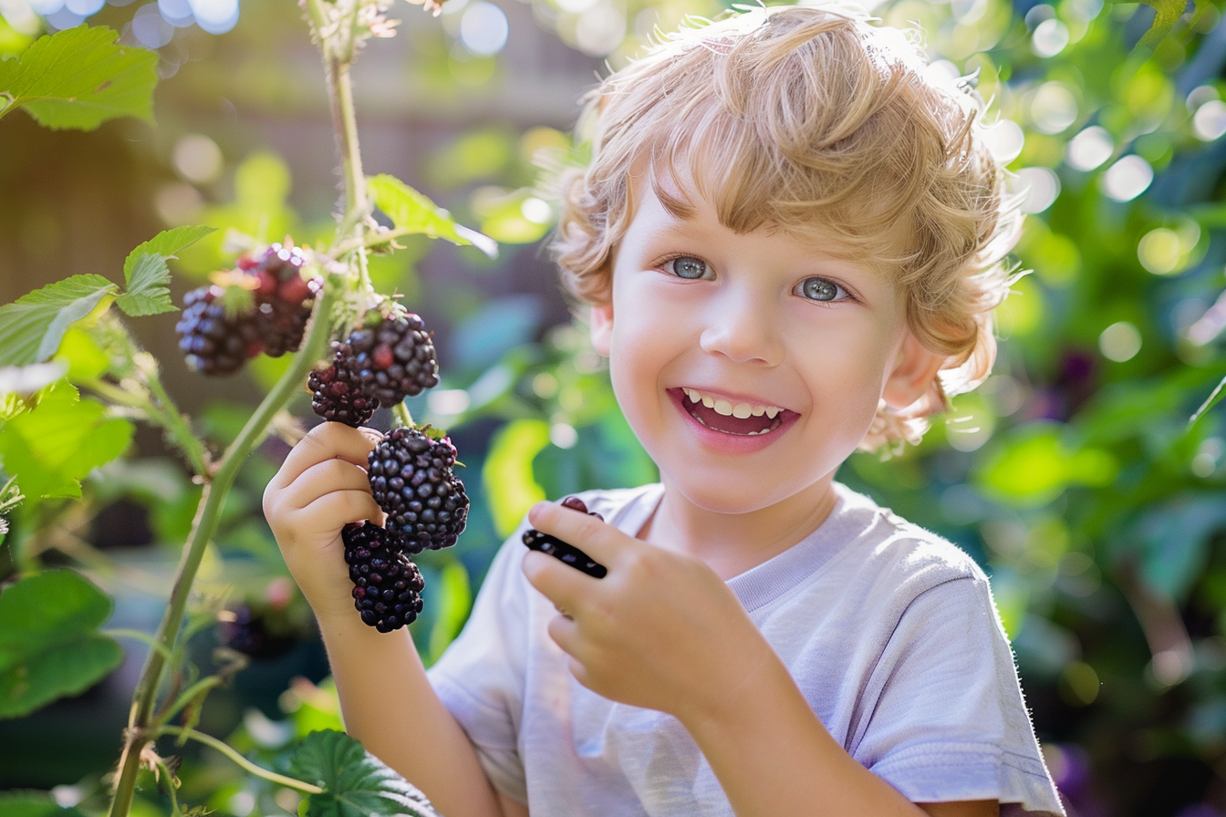 Image gratuite Enfant mangeant mûres dans jardin 6