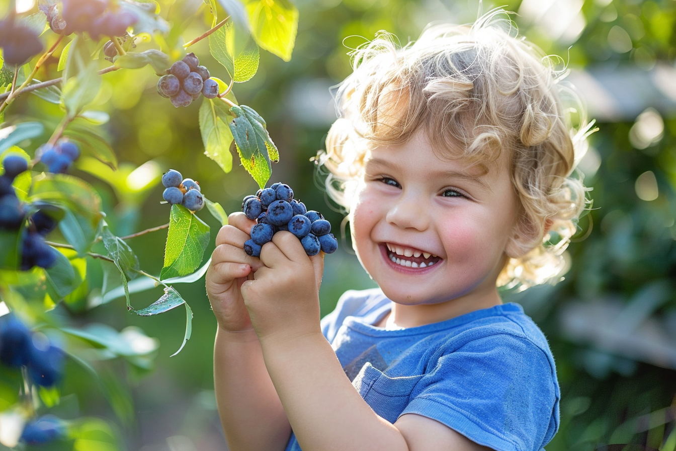 Image gratuite Enfant mangeant myrtilles dans jardin 1