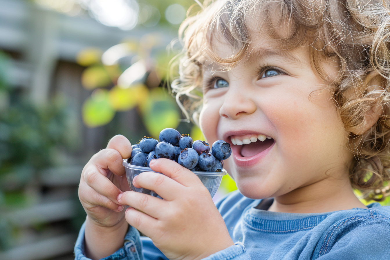 Image gratuite Enfant mangeant myrtilles dans jardin 2