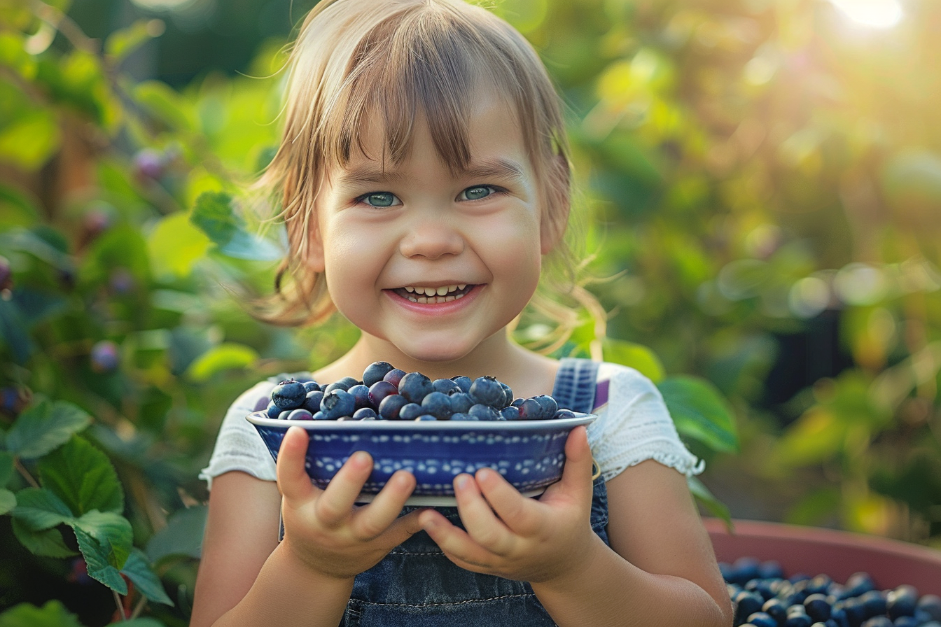 Image gratuite Enfant mangeant myrtilles dans jardin 3